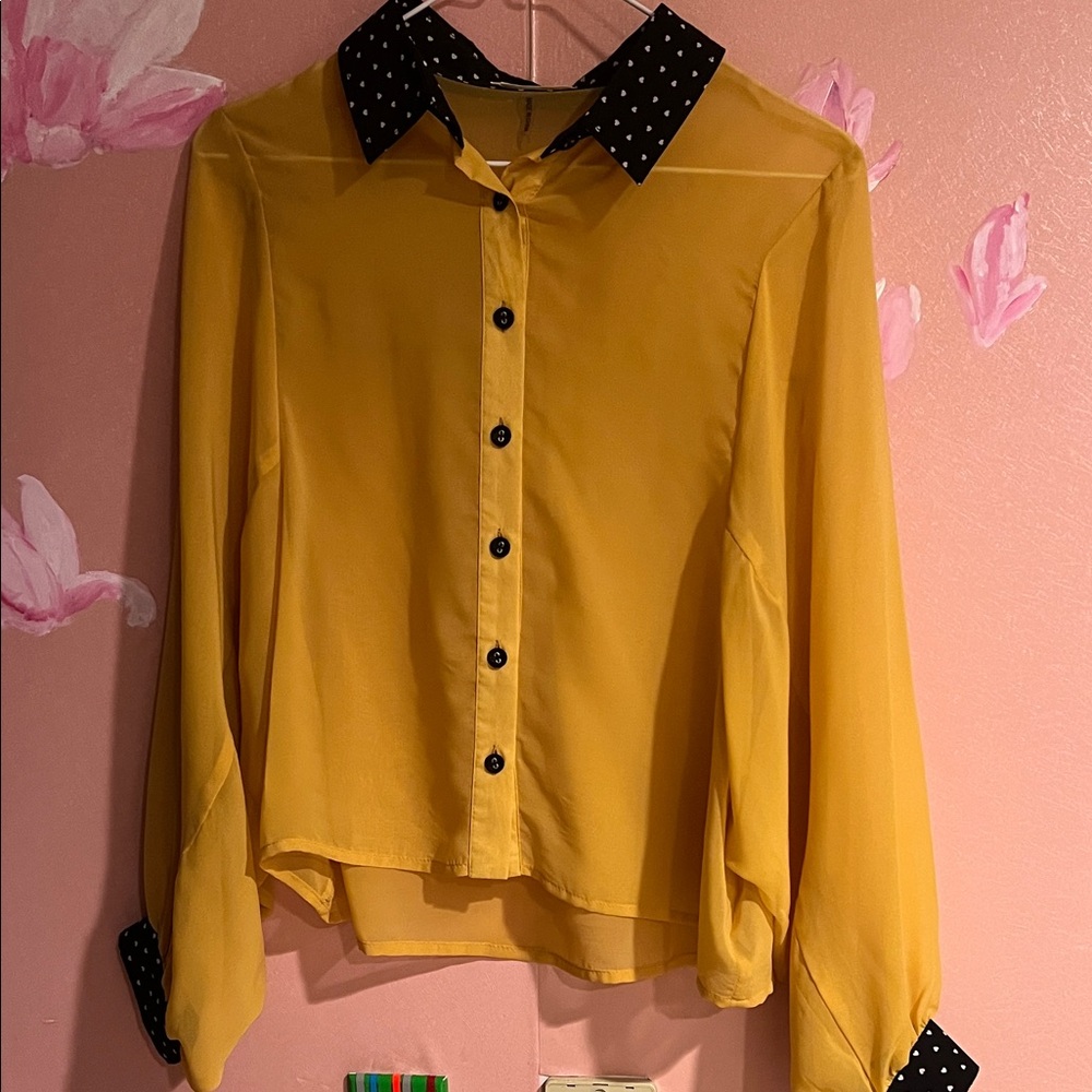 Love Tree Yellow Button-Down Shirt with Black Polka Dot Details